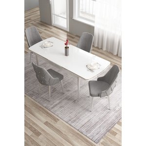 Tia Serisi 80x132 Açılabilir Mdf Krom Detay Beyaz Yemek Masası Ve 4 Gri Sandalye