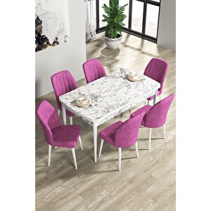 Rio Serisi 80x132 Açılabilir Mdf Mutfak Masası Takımı Beyaz Mermer Desen Masa 6 Mor Sandalye