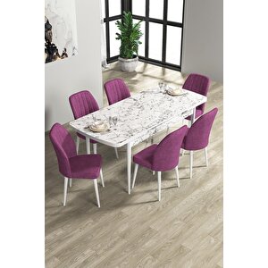 Rio Serisi 80x132 Açılabilir Mdf Mutfak Masası Takımı Beyaz Mermer Desen Masa 6 Mor Sandalye
