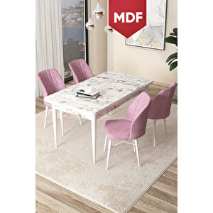 Arp Serisi 70x110 Mdf Sabit Mutfak Masası Takımı Beyaz Mermer Desen Masa 4 Pembe Sandalye