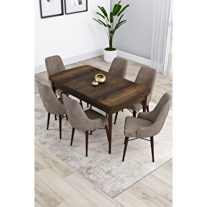 Kar Serisi 80x132 Açılabilir Barok Ahşap Desenli Mutfak Masası Takımı 6 Cappucino Sandalye