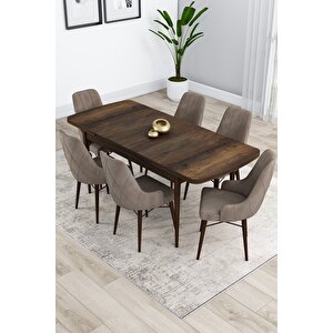 Kar Serisi 80x132 Açılabilir Barok Ahşap Desenli Mutfak Masası Takımı 6 Cappucino Sandalye