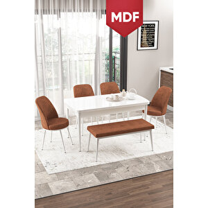Via Serisi Mdf Açılabilir Mutfak Masası Takımı Beyaz Masa 4 Kiremit Sandalye 1 Bench
