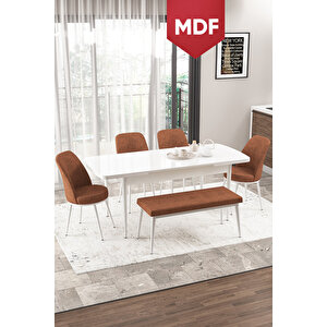 Via Serisi Mdf Açılabilir Mutfak Masası Takımı Beyaz Masa 4 Kiremit Sandalye 1 Bench
