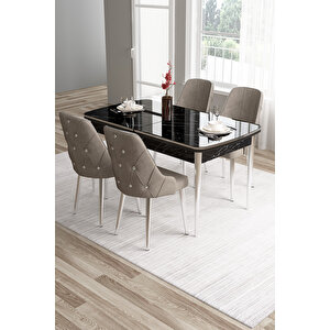 Tia Serisi 80x132 Mdf Açılabilir Siyah Mermer Desen Krom Detay Masa Takımı Ve 4 Cappucino Sandalye