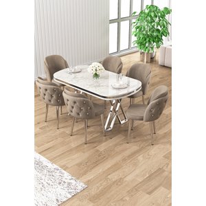 Ela Serisi Lak Panel Beyaz Mermer Desen Krom Ayak Masa Takımı 6 Cappucino Sandalye