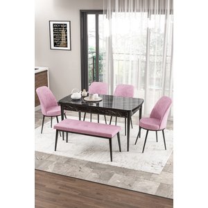 Zen Serisi 80x132 Mdf Açılabilir Siyah Mermer Desen Masa Takımı 4 Pembe Sandalye Ve 1 Bench