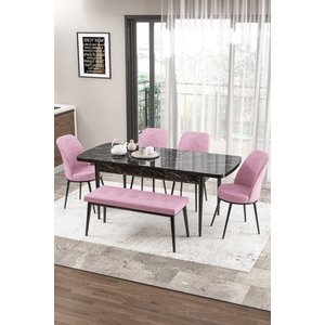 Zen Serisi 80x132 Mdf Açılabilir Siyah Mermer Desen Masa Takımı 4 Pembe Sandalye Ve 1 Bench