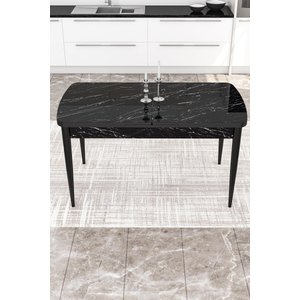 Zen Serisi 80x132 Mdf Açılabilir Siyah Mermer Desen Masa Takımı 4 Pembe Sandalye Ve 1 Bench