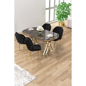 Zae Serisi 90x168 Lak Panel Antrasit Ironi Gold Ayak Masa Takımı 4 Siyahsandalye