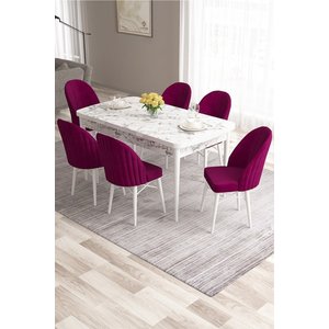 Ves Serisi 80x132 Mdf Açılabilir Beyaz Mermer Desenli Masa 6 Mürdüm Sandalye Mutfak Masası Takımı