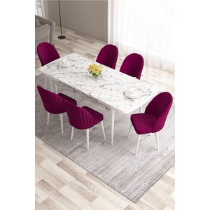 Ves Serisi 80x132 Mdf Açılabilir Beyaz Mermer Desenli Masa 6 Mürdüm Sandalye Mutfak Masası Takımı