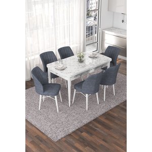 Nef Serisi 70x114 Açılabilir Mdf Beyaz Mermer Desen Masa Takımı Ve 6 Füme Sandalye