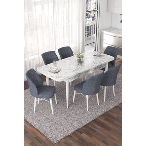 Nef Serisi 70x114 Açılabilir Mdf Beyaz Mermer Desen Masa Takımı Ve 6 Füme Sandalye