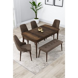 Lia Serisi 80x132 Açılabilir Mutfak Masası Takımı Barok Desen Masa 4 Kahverengi Sandalye 1 Bench