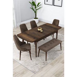 Lia Serisi 80x132 Açılabilir Mutfak Masası Takımı Barok Desen Masa 4 Kahverengi Sandalye 1 Bench