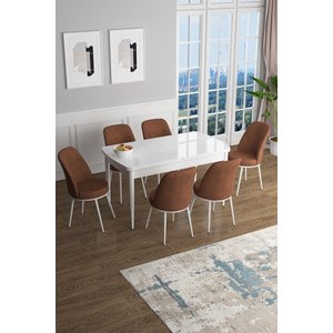 Han Serisi, Beyaz 70x114 Açılabilir Mdf Yemek Odası Takımı, 6 Kiremit Sandalye