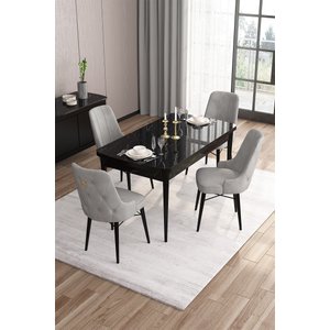 Are Serisi 80x132 Mdf Açılabilir Siyah Mermer Desen Masa Takımı Ve 4 Gri Sandalye