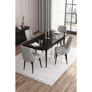 Are Serisi 80x132 Mdf Açılabilir Siyah Mermer Desen Masa Takımı Ve 4 Gri Sandalye
