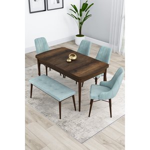 Kar Serisi 80x132 Açılabilir Mdf Barok Ahşap Desenli Mutfak Masası 4 Su Yeşili Sandalye 1 Bench
