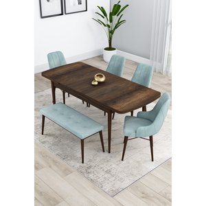 Kar Serisi 80x132 Açılabilir Mdf Barok Ahşap Desenli Mutfak Masası 4 Su Yeşili Sandalye 1 Bench