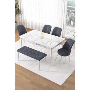 Pir Serisi 80x130 Sabit Beyaz Mermer Desen Mutfak Masa Takımı 4 Füme Sandalye Ve 1 Bench