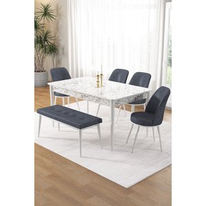 Pir Serisi 80x130 Sabit Beyaz Mermer Desen Mutfak Masa Takımı 4 Füme Sandalye Ve 1 Bench
