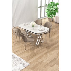 Zae Serisi 90x168 Lak Panel Beyaz Mermer Desen Krom Ayak Masa Takımı 4 Cappucino Sandalye