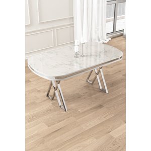 Zae Serisi 90x168 Lak Panel Beyaz Mermer Desen Krom Ayak Masa Takımı 4 Cappucino Sandalye