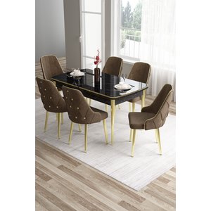 Tia Serisi 80x132 Mdf Açılabilir Siyah Mermer Desen Gold Detay Masa Takımı Ve 6 Kahverengi Sandalye