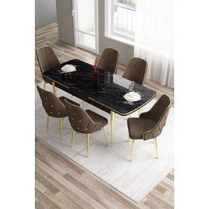 Tia Serisi 80x132 Mdf Açılabilir Siyah Mermer Desen Gold Detay Masa Takımı Ve 6 Kahverengi Sandalye