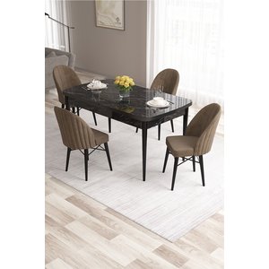 Ves Serisi 80x132 Mdf Açılabilir Siyah Mermer Desen Yemek Masası 4 Kahve Sandalye