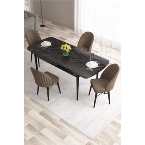 Ves Serisi 80x132 Mdf Açılabilir Siyah Mermer Desen Yemek Masası 4 Kahve Sandalye