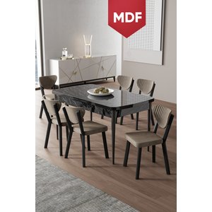 Exve Serisi 80x132 Mdf Açılabilir Siyah Mermer Desen Masa Takımı Ve 6 Cappucino Sandalye
