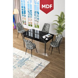 Kor Serisi 70x114 Açılabilir Mutfak Masası Takımı Siyah Mermer Desen Masa 4 Zebra Desen Sandalye
