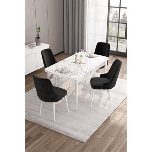 İza Serisi 80x132 Açılabilir Mdf Mutfak Masası Takımı Beyaz Mermer Desen Masa 4 Siyah Sandalye
