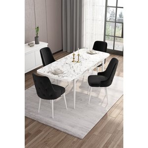 İza Serisi 80x132 Açılabilir Mdf Mutfak Masası Takımı Beyaz Mermer Desen Masa 4 Siyah Sandalye