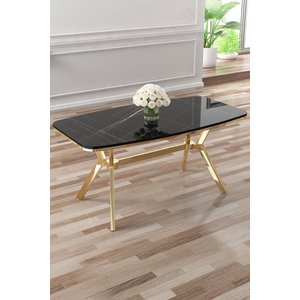 Asel Serisi 90x160 Lak Panel Siyah Mermer Desen Gold Detay Masa Takımı Ve 6 Siyah Sandalye
