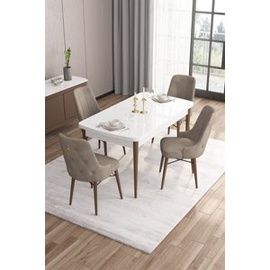 Are Serisi Mdf 80x132 Açılabilir Beyaz Masa Ceviz Ayak Masa Takımı Ve 4 Cappucino Sandalye