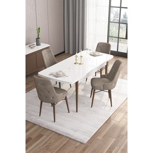 Are Serisi Mdf 80x132 Açılabilir Beyaz Masa Ceviz Ayak Masa Takımı Ve 4 Cappucino Sandalye