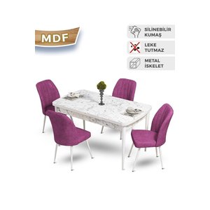 Mun Serisi 80x132 Açılabilir Mdf Beyaz Mermer Desen Masa Takımı Ve 4 Mor Sandalye