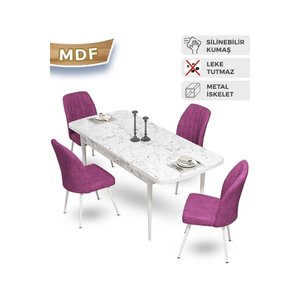 Mun Serisi 80x132 Açılabilir Mdf Beyaz Mermer Desen Masa Takımı Ve 4 Mor Sandalye