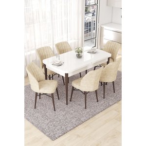 Nef Serisi 70x114 Açılabilir Mdf Beyaz Masa Ceviz Ayak Masa Takımı Ve 6 Krem Sandalye