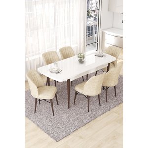 Nef Serisi 70x114 Açılabilir Mdf Beyaz Masa Ceviz Ayak Masa Takımı Ve 6 Krem Sandalye