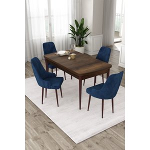 Eta Serisi Barok Ahşap Desenli Açılabilir 80x132 Mdf Masa 4 Lacivert Sandalye Mutfak Masası Takımı