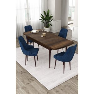 Eta Serisi Barok Ahşap Desenli Açılabilir 80x132 Mdf Masa 4 Lacivert Sandalye Mutfak Masası Takımı