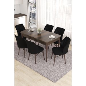 Eva Serisi 80x132 Açılabilir Mdf Mutfak Masası Takımı Barok Desen Masa 6 Siyah Sandalye