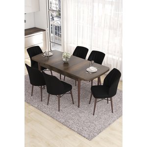 Eva Serisi 80x132 Açılabilir Mdf Mutfak Masası Takımı Barok Desen Masa 6 Siyah Sandalye