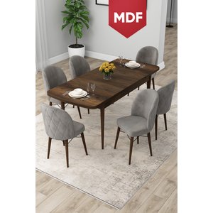 Rut Serisi Açılabilir Mdf 80x132 Barok Ahşap Desen Yemek Odası Takımı Ve 6 Gri Sandalye