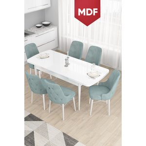Taç Serisi Açılabilir Mdf Mutfak Masası Takımı 80x132 Beyaz Masa 6 Su Yeşili Sandalye
